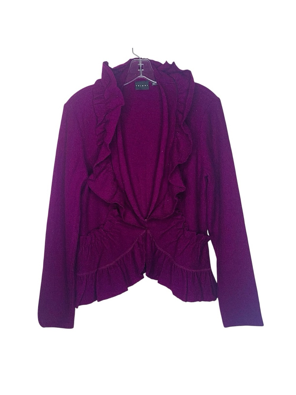 Tribal Pristine Magenta Wool Pin Tuck Ruffle Cardigan Jacket Pocket Detail M